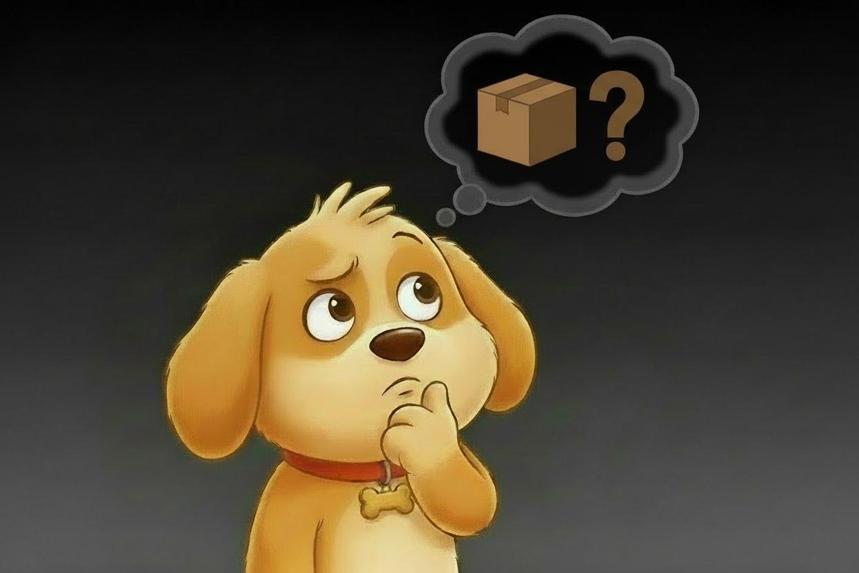 a cartoonic image of a dog thinking of some product with a question mark, make the background black